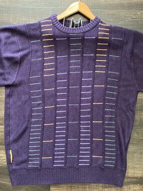 Men's Vintage Purple Long Sleeve Sweater Vertical Striped Pattern Size XL Cosby